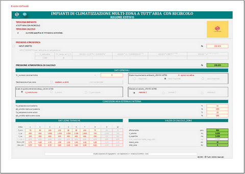 Progetto impianti di climatizzazione a tutt'aria. Programma in excel per il dimensionamento di impianti multi-zona a tutt'aria con ricircolo e box miscelazione