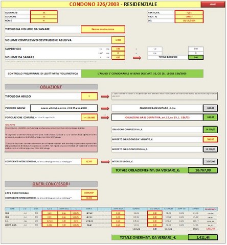 Liquidazione pratiche di condono edilizio. Definizione sanatoria edilizia ai sensi delle leggi 47/85, 724/94, 326/03 in excel