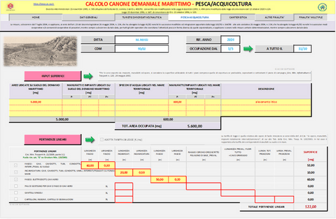 Calcolo CANONE DEMANIALE MARITTIMO. Programma in excel per la determinazione del canone demaniale marittimo per  attività Turistico/Ricreativa - Nautica da Diporto - Pesca e Acquicoltura - Cantieristica - Altre Finalita’ - Finalita’ Multiple.