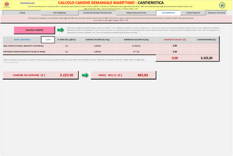 Calcolo CANONE DEMANIALE MARITTIMO. Programma in excel per la determinazione del canone demaniale marittimo per  attività Turistico/Ricreativa - Nautica da Diporto - Pesca e Acquicoltura - Cantieristica - Altre Finalita’ - Finalita’ Multiple.