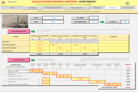 Calcolo CANONE DEMANIALE MARITTIMO. Programma in excel per la determinazione del canone demaniale marittimo per  attività Turistico/Ricreativa - Nautica da Diporto - Pesca e Acquicoltura - Cantieristica - Altre Finalita’ - Finalita’ Multiple.