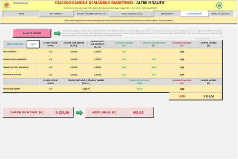 Calcolo CANONE DEMANIALE MARITTIMO. Programma in excel per la determinazione del canone demaniale marittimo per  attività Turistico/Ricreativa - Nautica da Diporto - Pesca e Acquicoltura - Cantieristica - Altre Finalita’ - Finalita’ Multiple.
